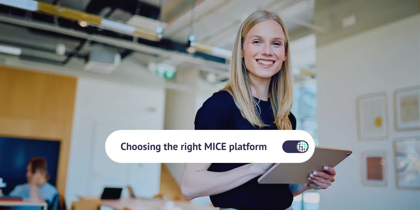 Smiling woman holding a tablet in a modern office space, with the title 